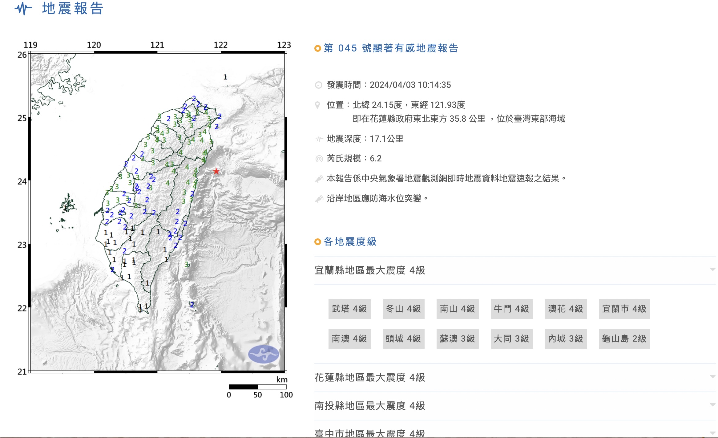 Một trận động đất mạnh 7.2 độ đã xảy ra ở vùng biển gần Hoa Liên, Đài Loan, hôm 03/04/2024, sau đó là dư chấn mạnh 6.2 độ vào lúc 10 giờ 14 phút sáng cùng ngày. (Ảnh: Cục Khí tượng Trung ương Đài Loan)