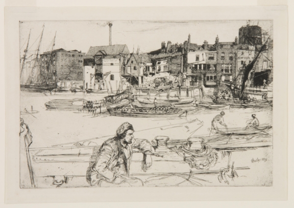 Tác phẩm “Black Lion Wharf” (Bến cảng Sư Tử Đen), năm 1859, họa sỹ James Abbott McNeill Whistler. Bản in số 1 từ “Sixteen Etchings of Scenes on the Thames and Other Subjects” (Mười sáu tranh khắc cảnh trên sông Thames và các chủ đề khác) (được gọi là Bộ tranh Thames); do Ellis and Green xuất bản năm 1871, London. Tranh khắc; 15 cm x 23 cm). Bảo tàng Nghệ thuật Philadelphia. (Ảnh: Tư liệu công cộng)