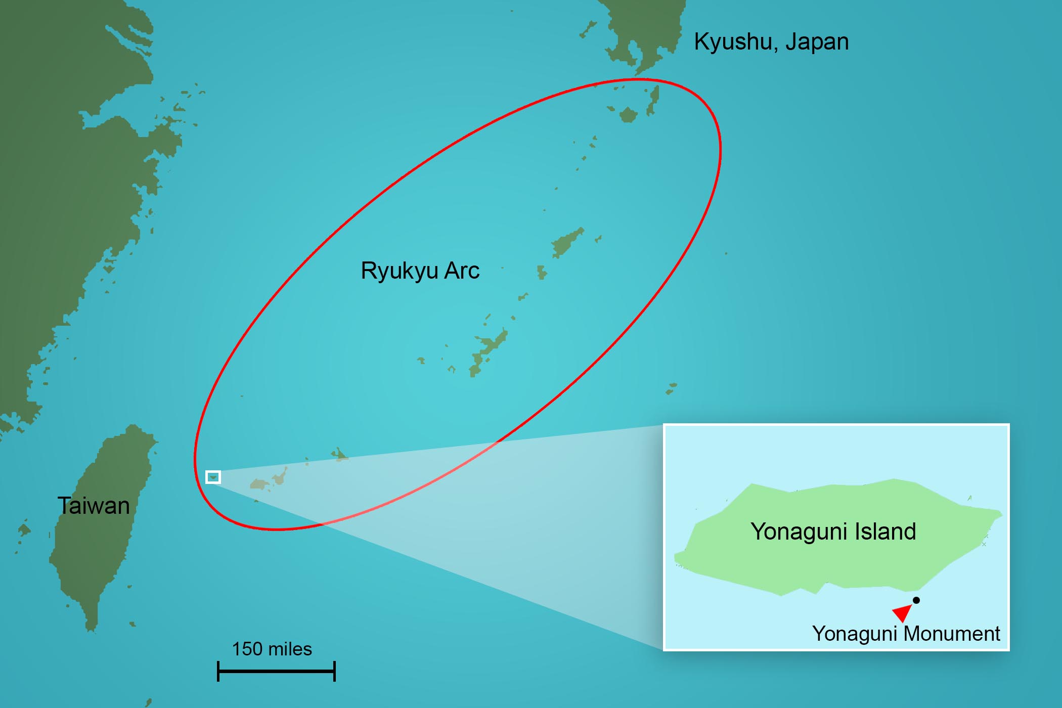 Bản đồ thể hiện chuỗi đảo Ryukyu Arc, với chi tiết về Đảo Yonaguni và tàn tích dưới nước. (Ảnh: The Epoch Times)