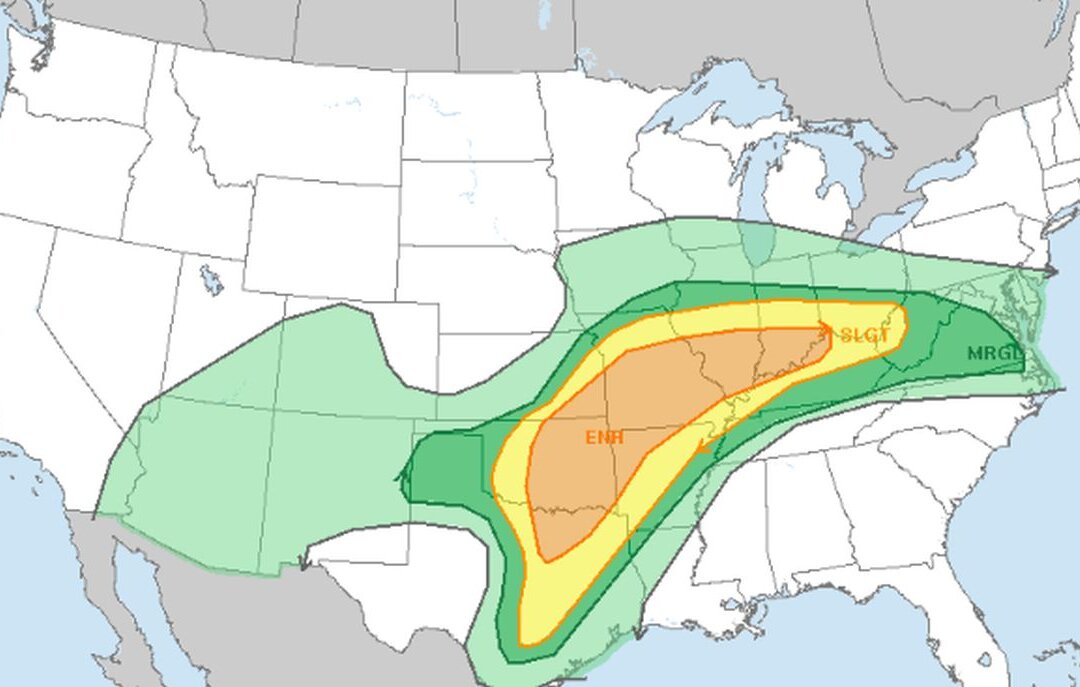 Dự kiến sẽ có giông bão dữ dội vào thứ Hai, ngày 01/04/2024, kéo dài đến tối, trên một vùng rộng lớn từ Đồng Bằng phía nam đến các vùng hạ lưu Missouri và Thung lũng Ohio. (Ảnh: Cơ quan Dịch vụ Thời tiết Quốc gia qua The Epoch Times)